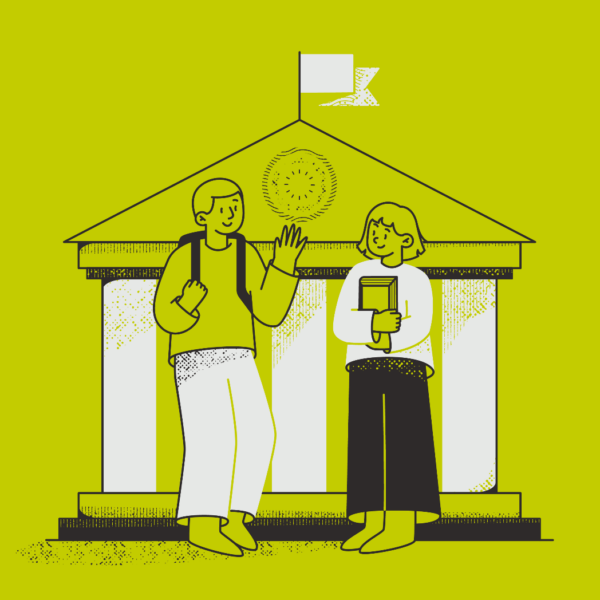 illustration of two people talking in front of a building with columns and a flag