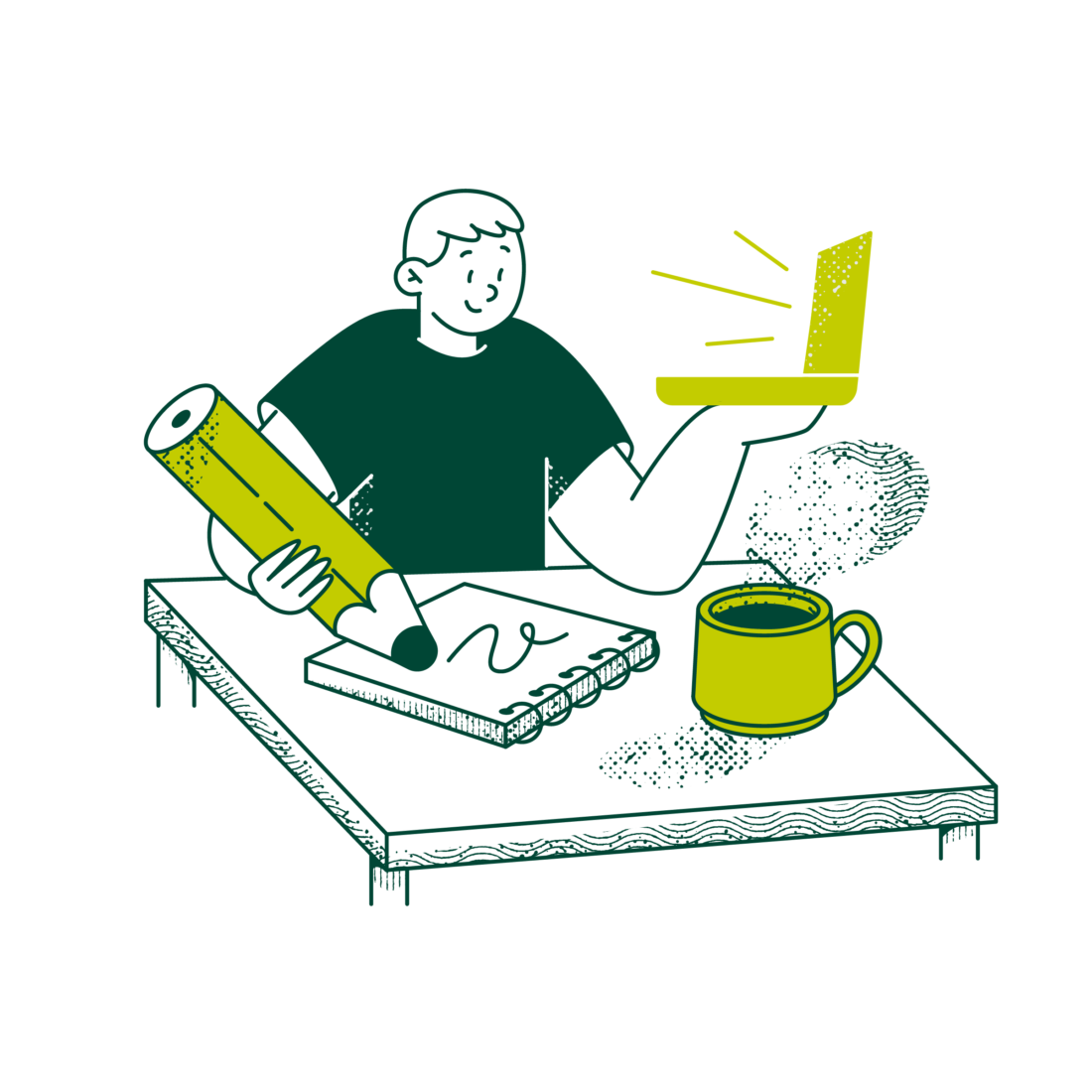 green illustration of man in t-shirt sitting at a desk holding a large pencil and scribbling on a notepad while balancing a laptop on the other hand, on the corner of the desk is a cup of coffee