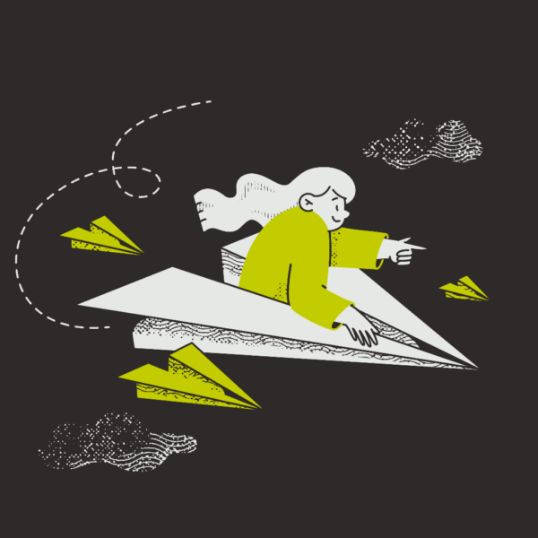 illustration of three green paper airplanes and one white paper airplane with a woman with long wavy hair riding it while pointing forward