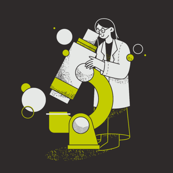 illustration of woman wearing lab coat and glasses looking into the lens of a microscope as tall as she is