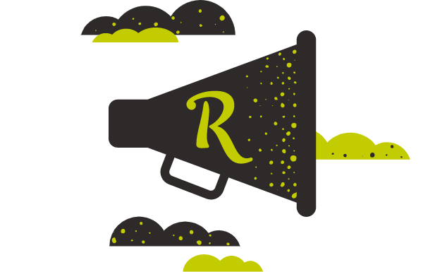 megaphone with R-letter logo surrounded by clouds