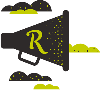 megaphone with R-letter logo surrounded by clouds