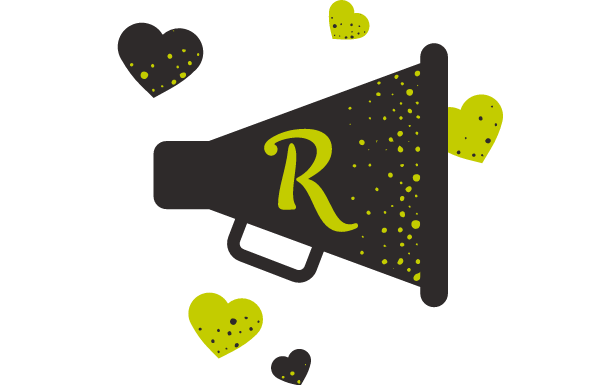 megaphone with R-letter logo surrounded by hearts