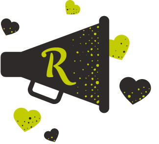 megaphone with R-letter logo surrounded by hearts