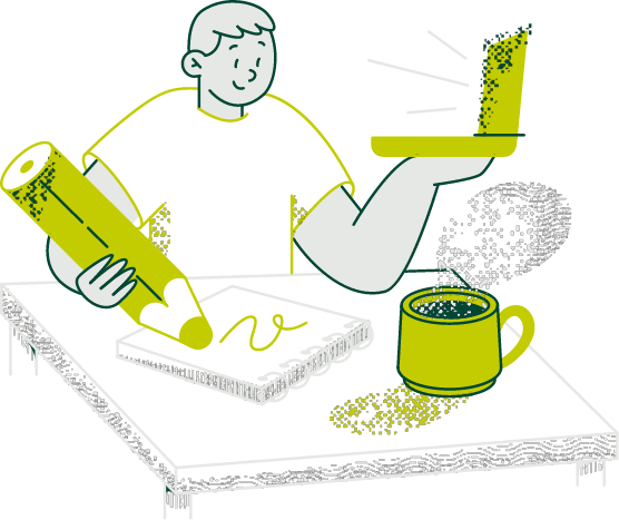 person holding giant pencil to draw on a notepad while balancing a laptop in the other hand, a steaming cup of coffee is nearby