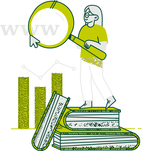 person balanced on a stack of books, holding a giant magnifying glass to look at the letters W W W and a graph in the distance