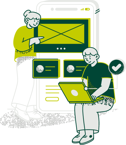 people pointing to data on a mobile device and working on laptops, a checkmark floats nearby